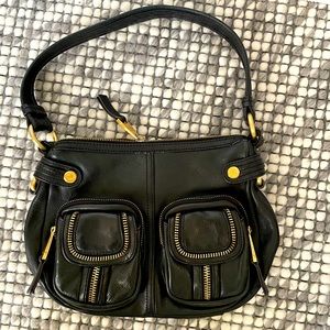 B. Makowsky black leather shoulder bag with gold hardware